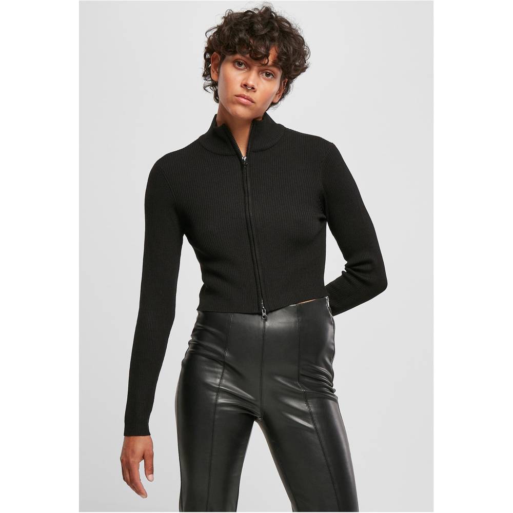 Urban Classics - Cropped Rib Knit Zip Cardigan - Black
